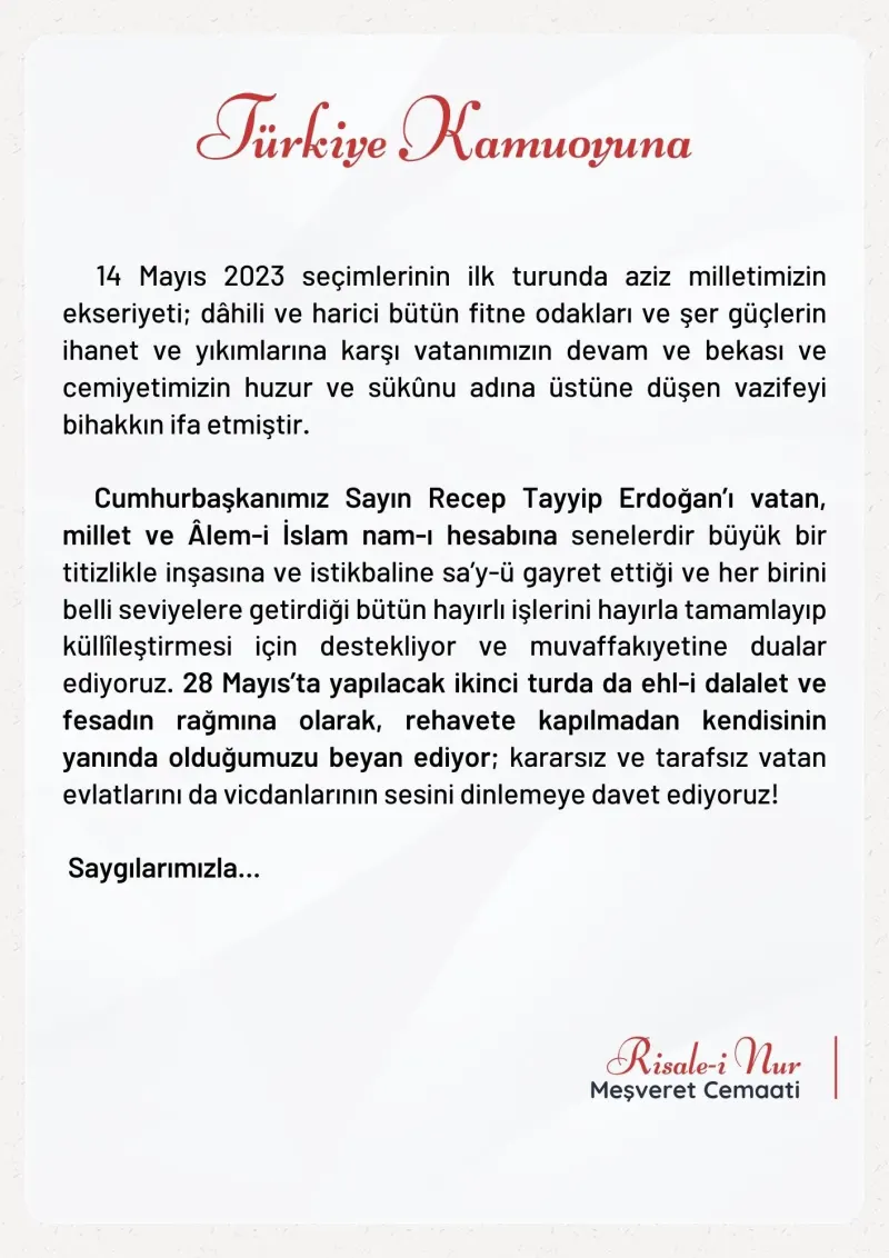 Meşveret Cemaati'nden 28 Mayıs seçim Duyurusu